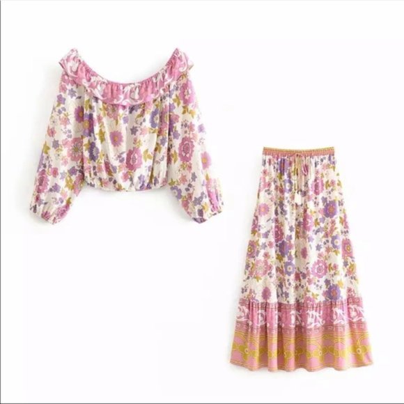 Boho Floral Gypsy Print Ruffle CropTop Long Sleeve - Picture 4 of 9